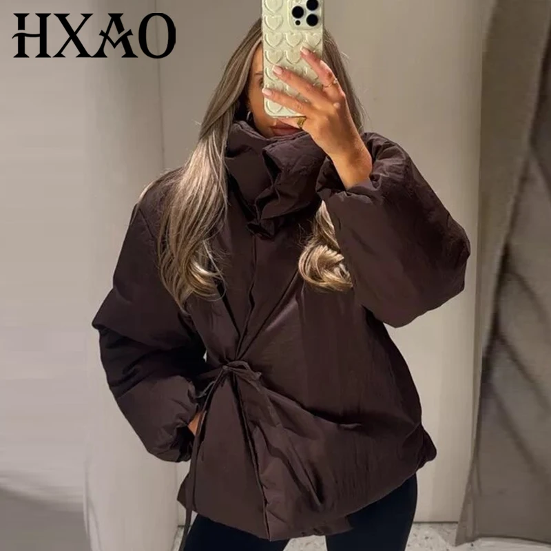 HXAO Lichtgewicht gewatteerde jassen Dames winterjas Crop Veterjas Bruin Gewatteerde jas met lange mouwen Chique Verwarming Outerwears