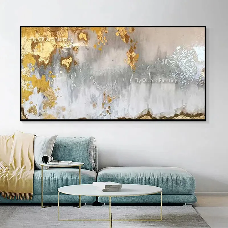 Horizontal Handmade Abstract Oil Painting Gold Silver Foil Textured Canvas Artwork Luxury Home Wall For Living Room Decoration