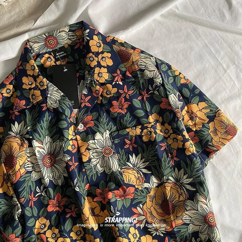 Chemise à manches courtes pour hommes et femmes, dessin au trait de plantes florales, chemise rétro cubaine UR, tendance hawaïenne, thaïlandaise et japonaise