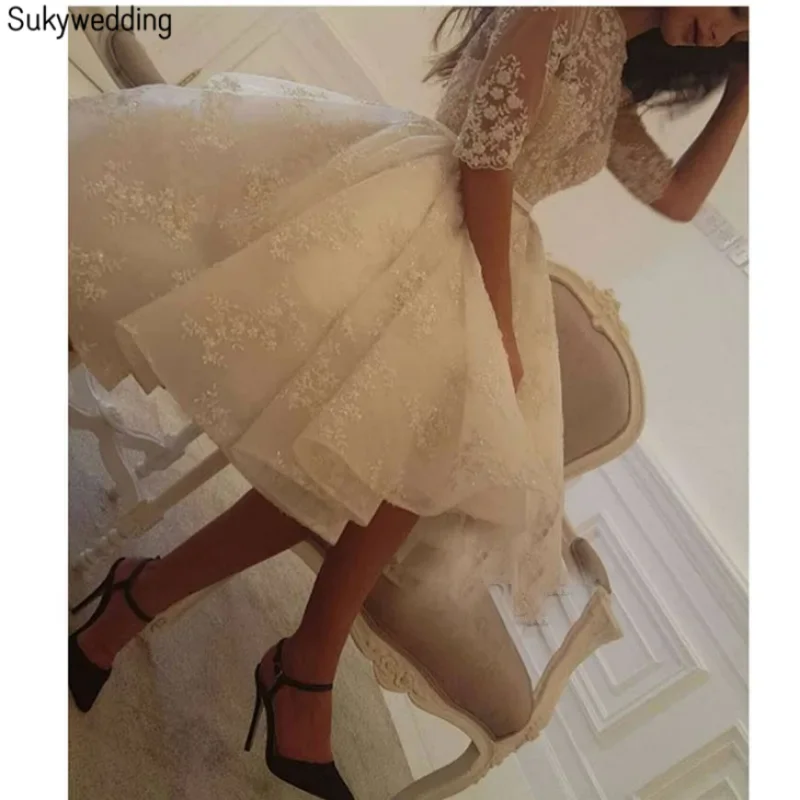 Chic White Lace Tulle Short Wedding Dress Cheap With Half Sleeves Applique Crew neck Country Garden Designer Wedding Gown