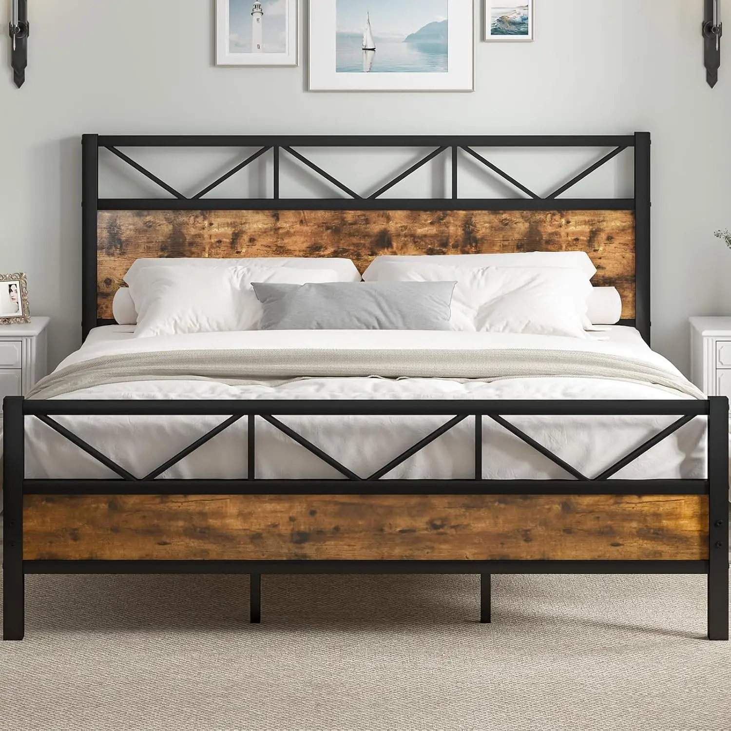 Cadre de lit King Size avec support en métal pour la baignade, lit à plateforme industriel, planche de sauna haute, sans boîte, 51.2 po
