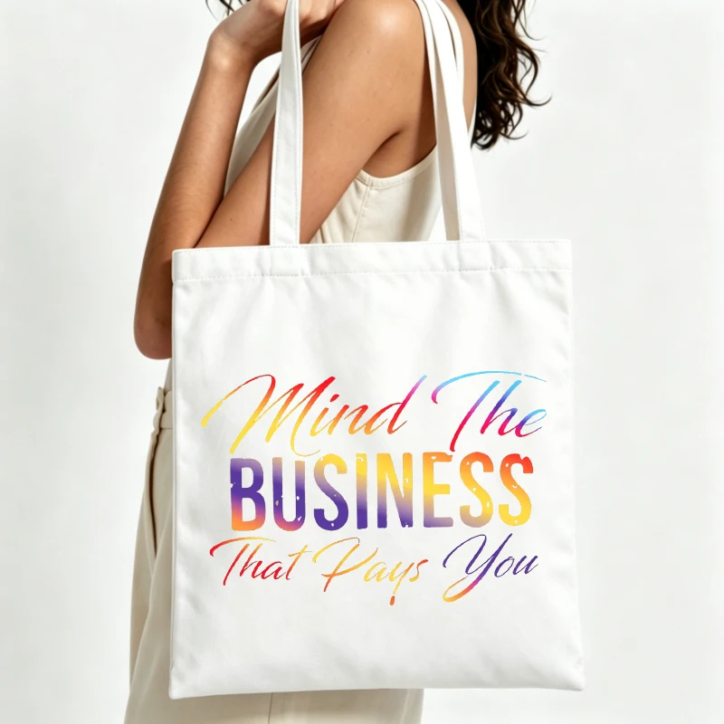 Women's slogan-style canvas tote bag with rainbow typography print, ideal for daily shopping and casual outings