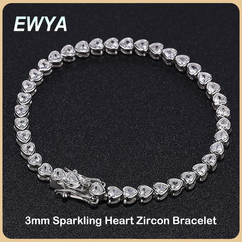 

EWYA Sparkling Heart 3mm Zircon Diamond Bracelet for Women S925 Sterling Silver Full High Carbon Link Bracelets Fine Jewelry