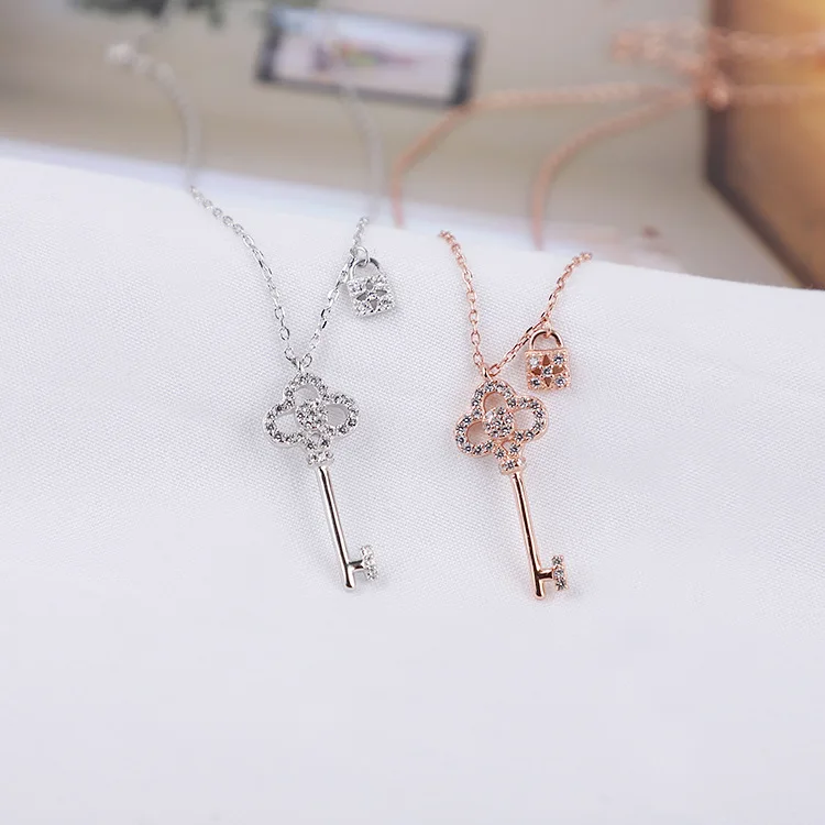 All Matching Sweet Cute Designer Quality Sparkling Zircon Pendant Real 925 Sterling Silver Women Romantic Key Necklace