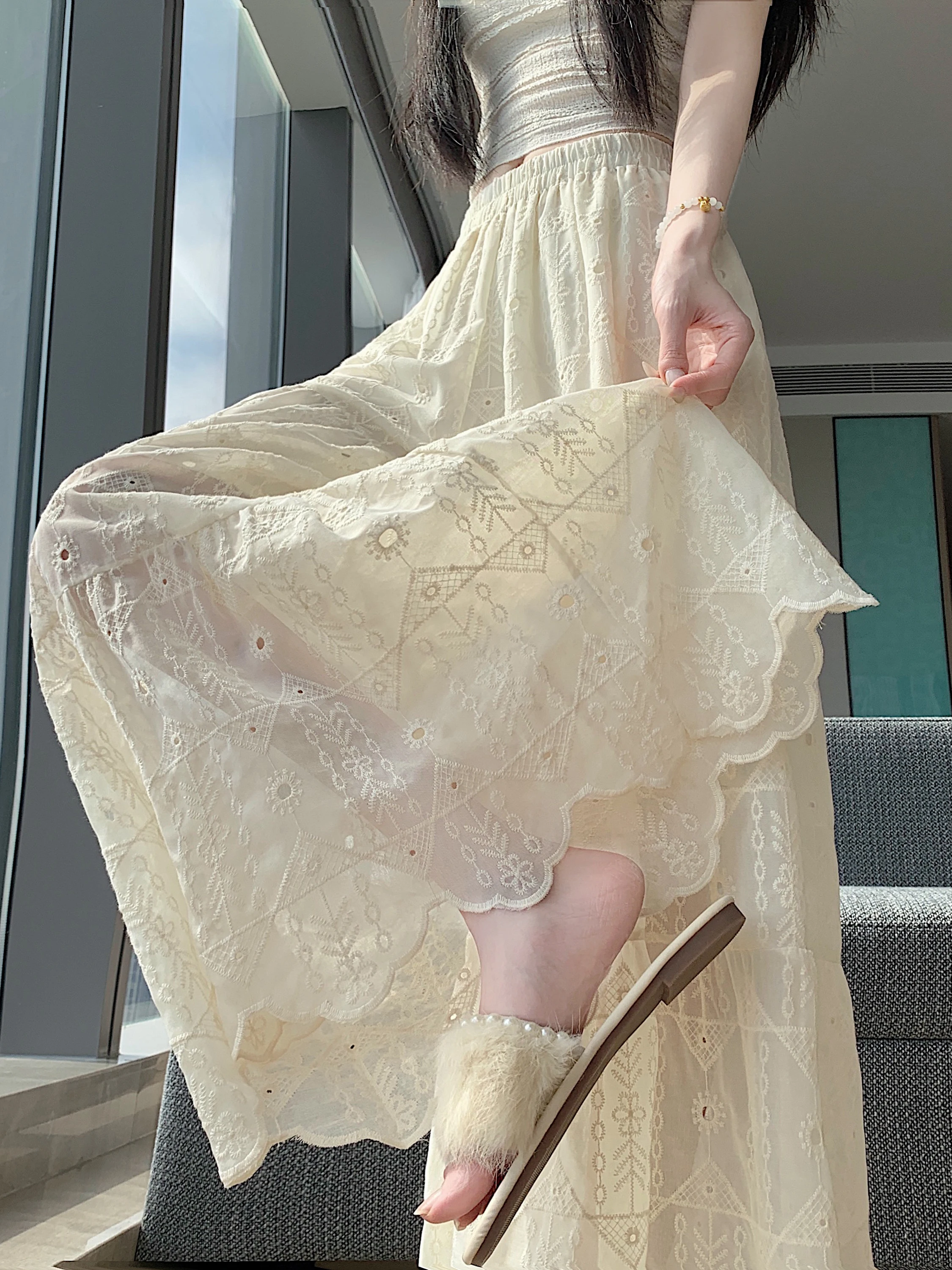 

Elegant Lace Embroidery Hollow Wide Leg Pants Skirt High Waist Loose Slimming Drapey Casual Nine Point Pants for Women