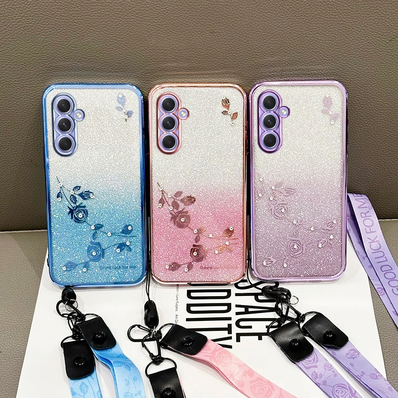 Plating Phone Case Lanyard For Samsung Galaxy F17 F23 F15 F34 F54 F06 F14 F13 Full Lens Protection Silicone Soft Cover Cases