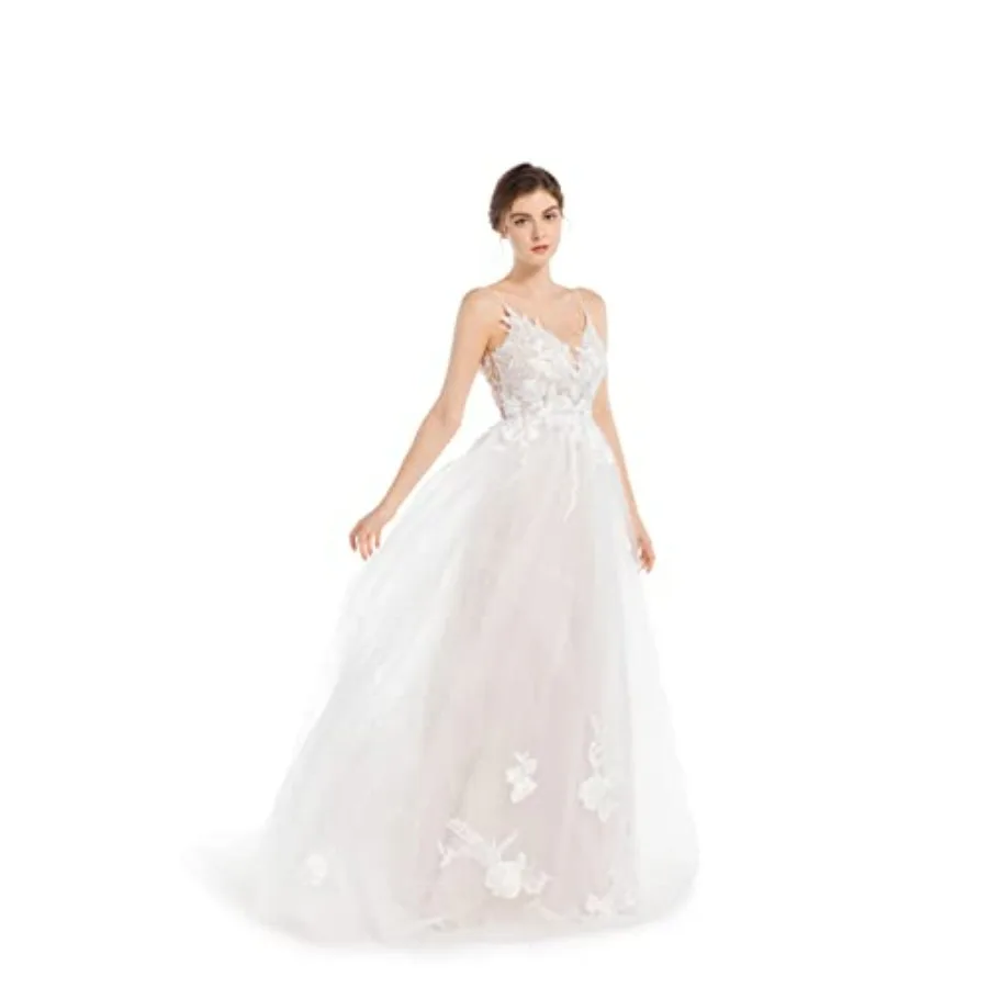 

Sorayan Women's Wedding Dresses Appliques Boho Beach Sexy Spaghetti Straps Lace Bridal Gowns Open Back