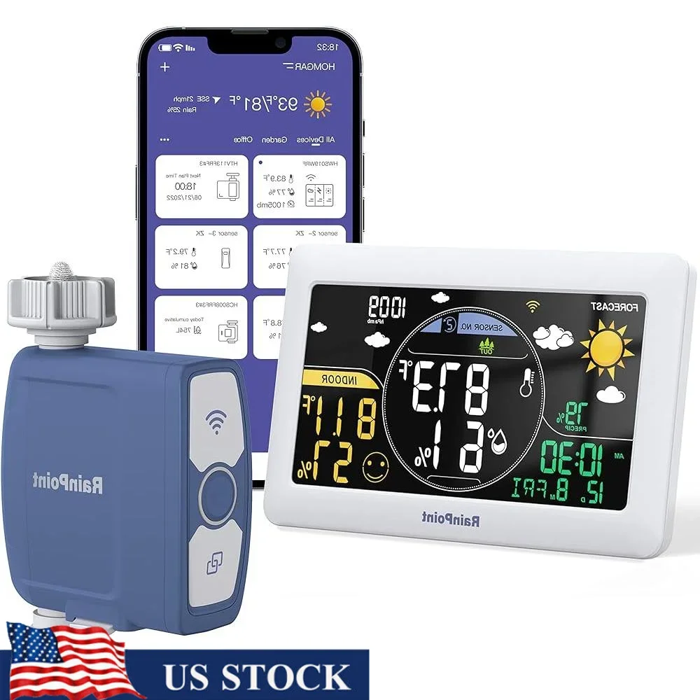 WiFi Smart Water Timer Hose Controller Sprinkler System Soil Moisture Water Usage Monitoring Irrigation Kit Weather Station
