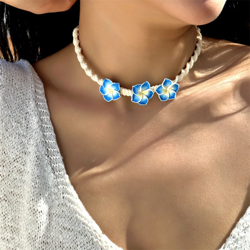 Bohemian Vacation Jewelry Set - Polymer Clay Flower Necklace & Bracelet, Elegant Summer Fashion for Women