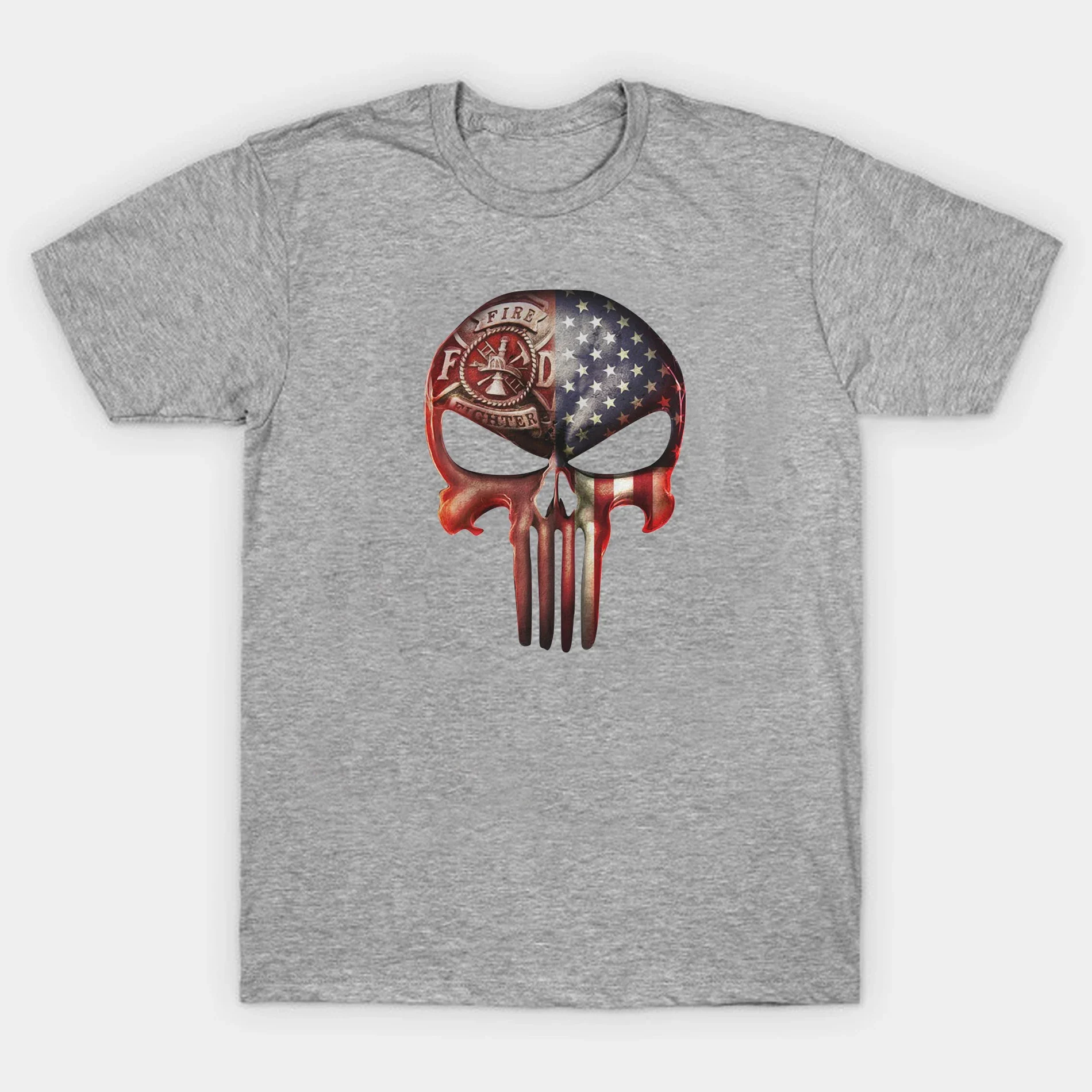 American Flag Skull Fire Department Shield-shaped Emblem Firefighter T-Shirt. Summer Cotton Short Sleeve O-Neck Mens T Shirt New