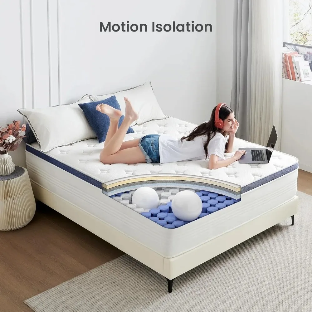 Matelas hybride dans une boîte avec mousse à mémoire de forme, ressorts empochés pour les instituts de soutien et de pression, moyen