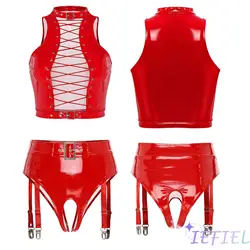 Vrouwen Lederen Latex Vest Met Kousenband Short Gothic Steampunk Stijl Holle Bodycon Moto & Biker Streetwear Nachtclub Party Kostuum