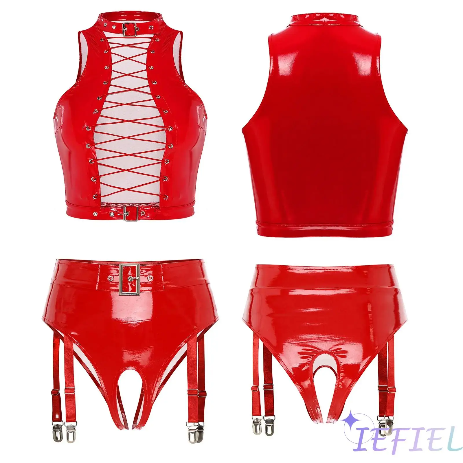 Women Leather Latex Vest with Garter Shorts Gothic Steampunk Style Hollow Bodycon Moto&Biker Streetwear Nightclub Party Costume