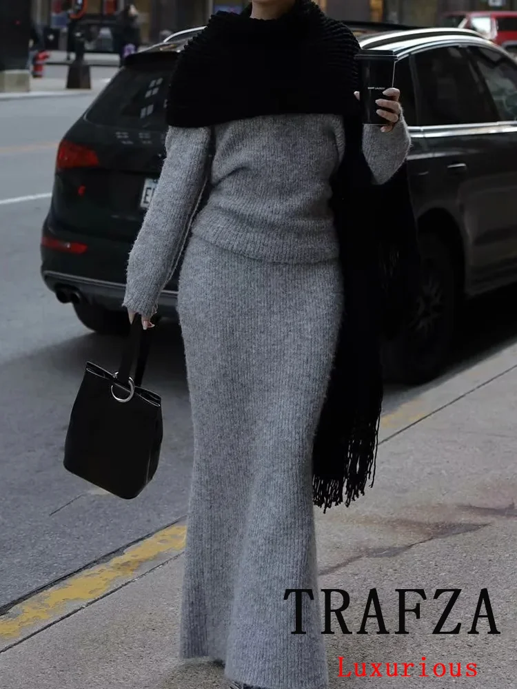 TRAFZA Vintage Casual Chic Grey Solid Women Suit V Neck Knitted Top Long Sheath Skirt New Fashion 2024 Autumn Winter Sets