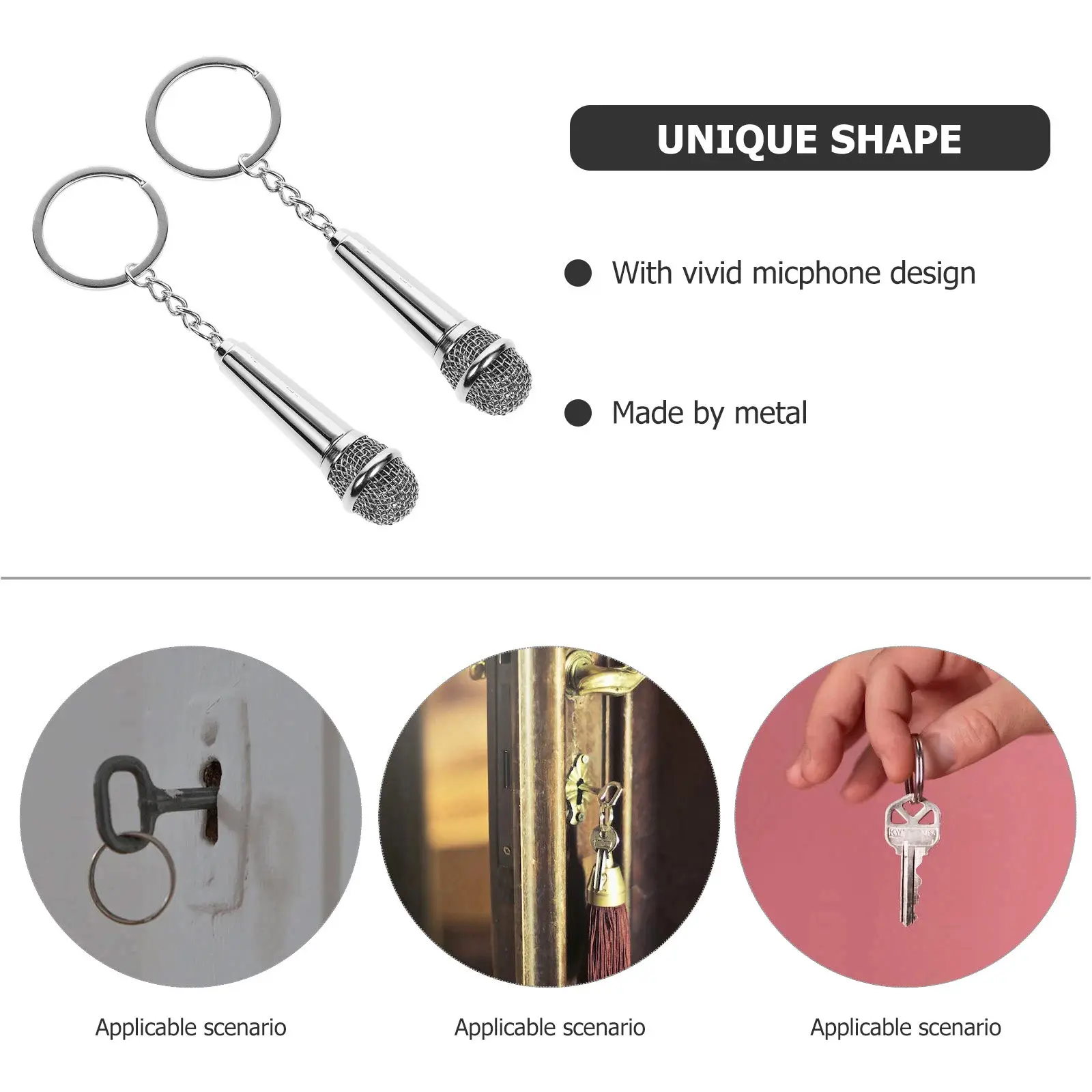 2Pcs Microphone Shaped Metal Keychain Silver Key Ring Creative Gift for Music Lovers Modern Compact Lightweight Key Accessories