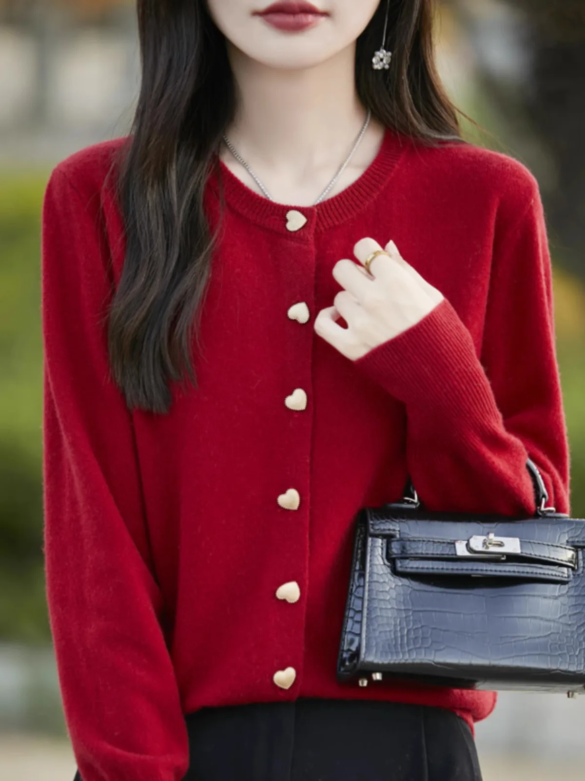 

Ankela красный вязаный кардиган женский свободный крой круглый тонкий свитер верхняя одежда весна осень простой длинный све