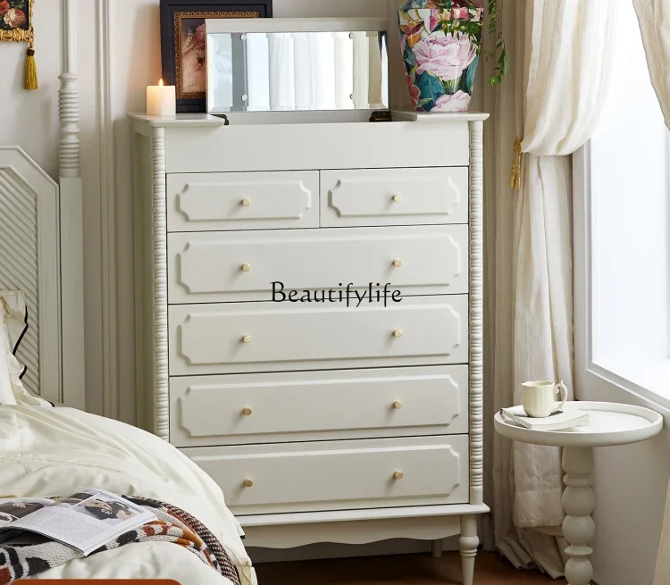 

French retro solid wood dresser storage simple modern storage cabinet with hidden makeup mirror