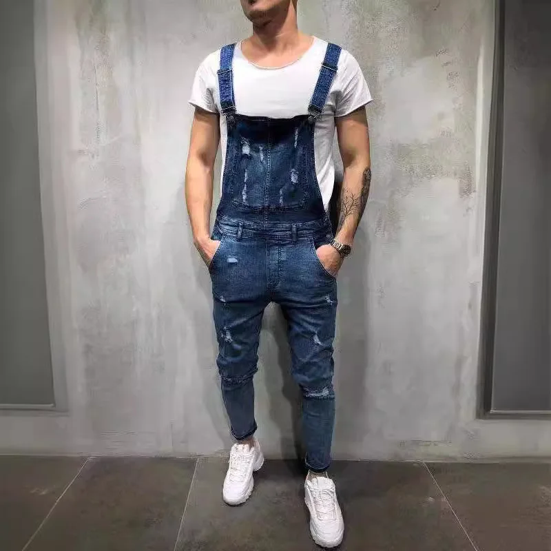 Casual Mens Jeans Suspenders High Elastic Men Clothing Adjustable Overalls Ripped Jeans Trousers Streetwear Men Cargo Pant Baggy