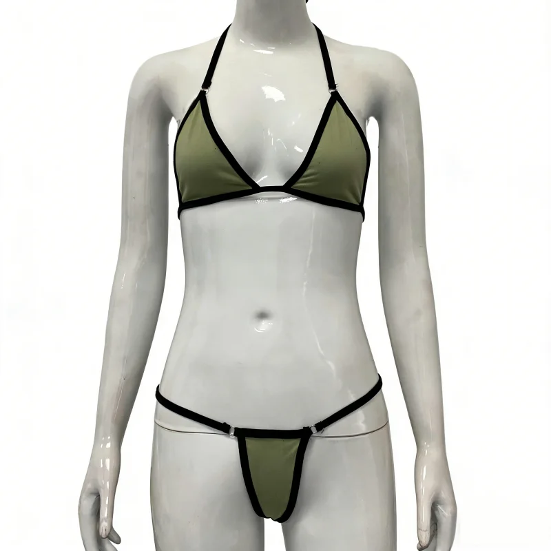 

Fashionable olive green triangle bikini lace-up sexy halter-neck two-piece swimsuit, seaside vacation hot girl style