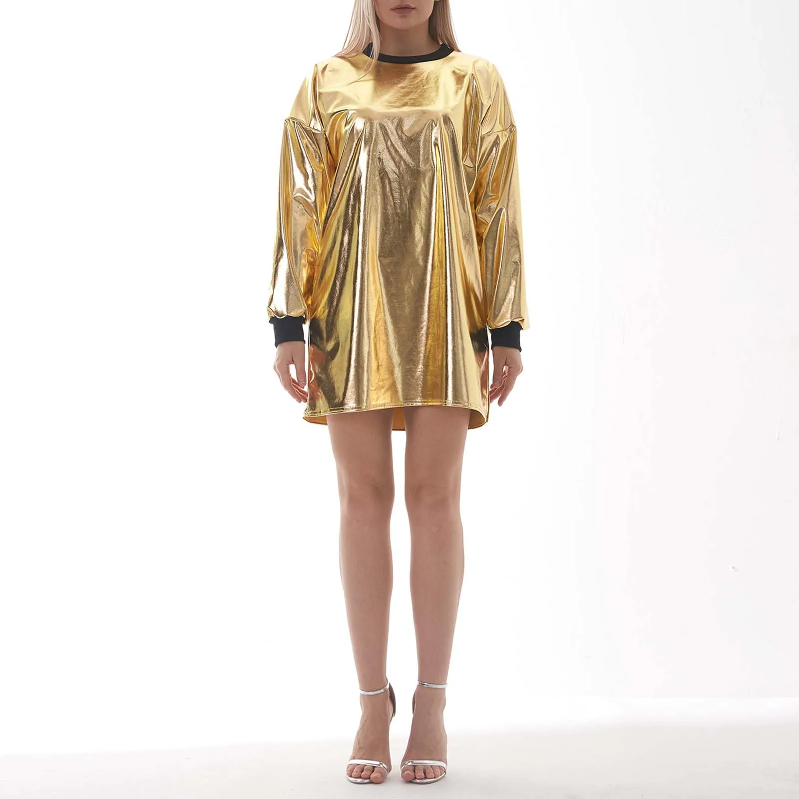 Women Casual Loose Holographic Dress O-neck Long Sleeve Metallic Wetlook Oversized Mini Dress Laser Patchwork Dress Vestidos