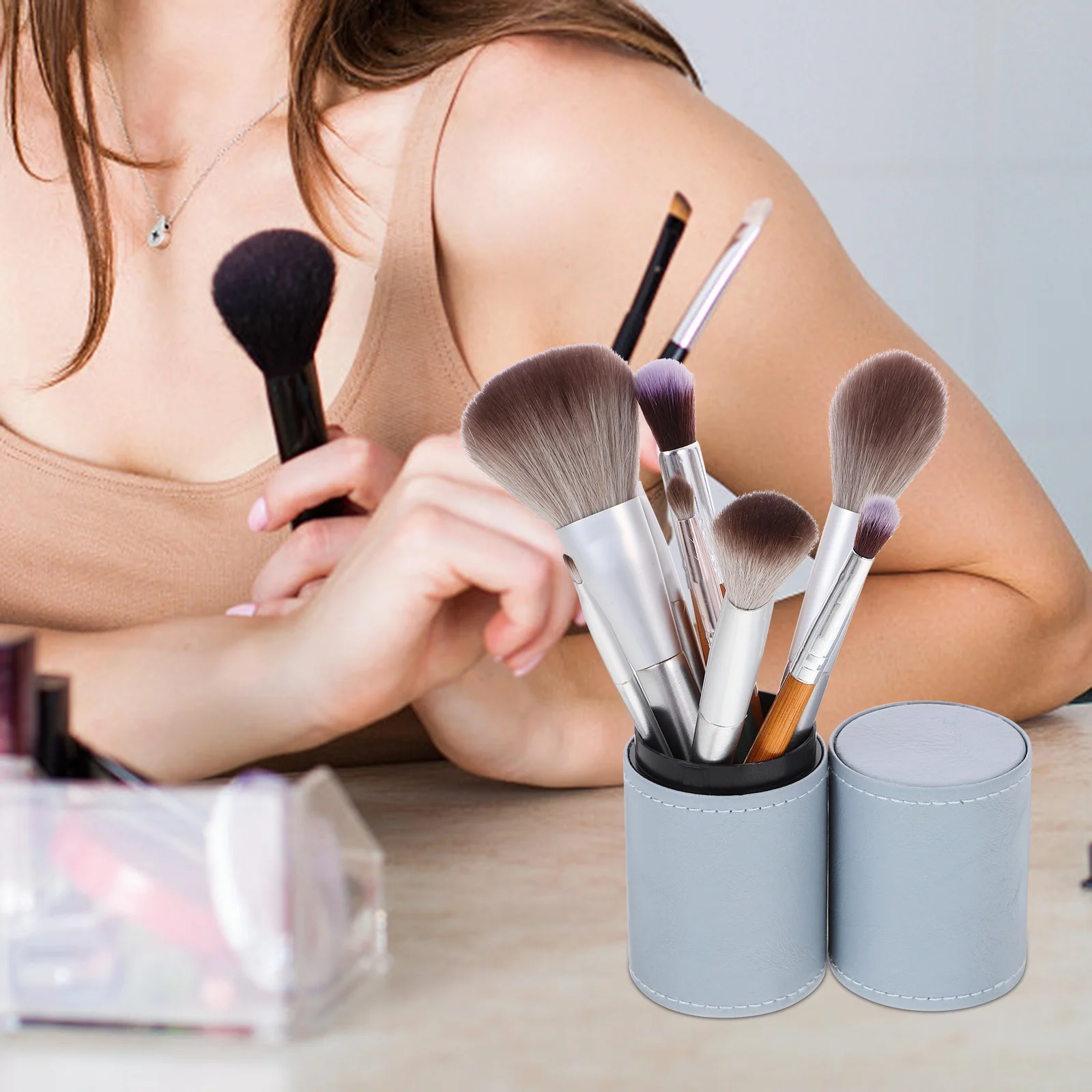 Organizador de Pincéis de Maquiagem de Grande Capacidade em PU, Suporte para Canetas de Mesa, Porta-Maquiagem, Recipiente de Armazenamento para Artesanato