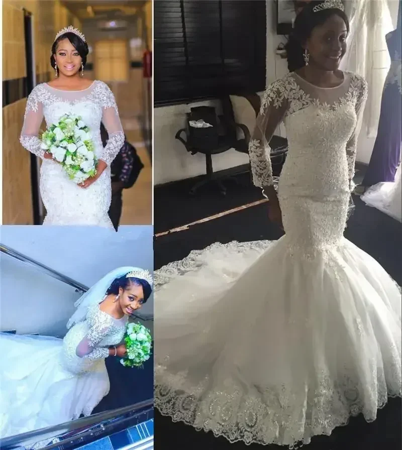 Maßgeschneiderte afrikanische Brautkleider mit langen Ärmeln, Spitze, Meerjungfrauen-Schnitt, Rundhalsausschnitt, Tüll-Applikationen, Schleppe, Brautroben, Robes de Mariée