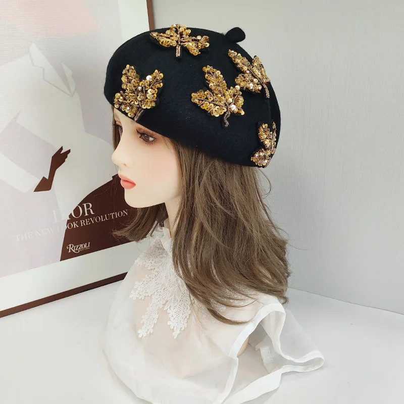Original design black wool beret, exquisite fashionable Korean style sequined leaves luxurious and warm fashionable painter hat