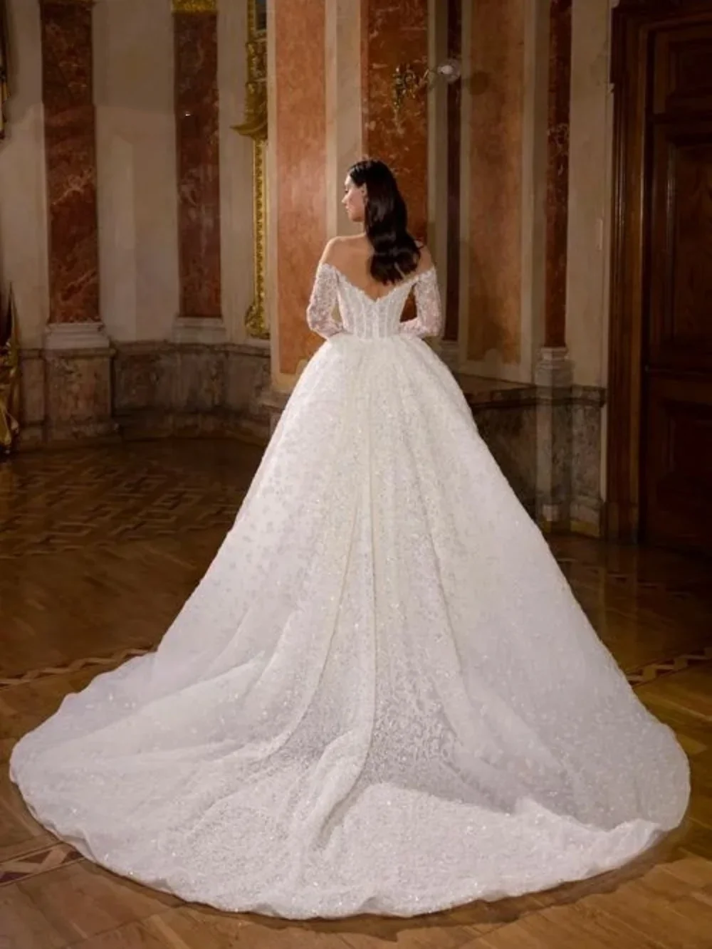 Flavinke Элегантное очаровательное свадебное платье с открытыми плечами по индивидуальному заказу Романтические свадебные платья с длинными рукавами 2025 Блестящее платье трапециевидной формы