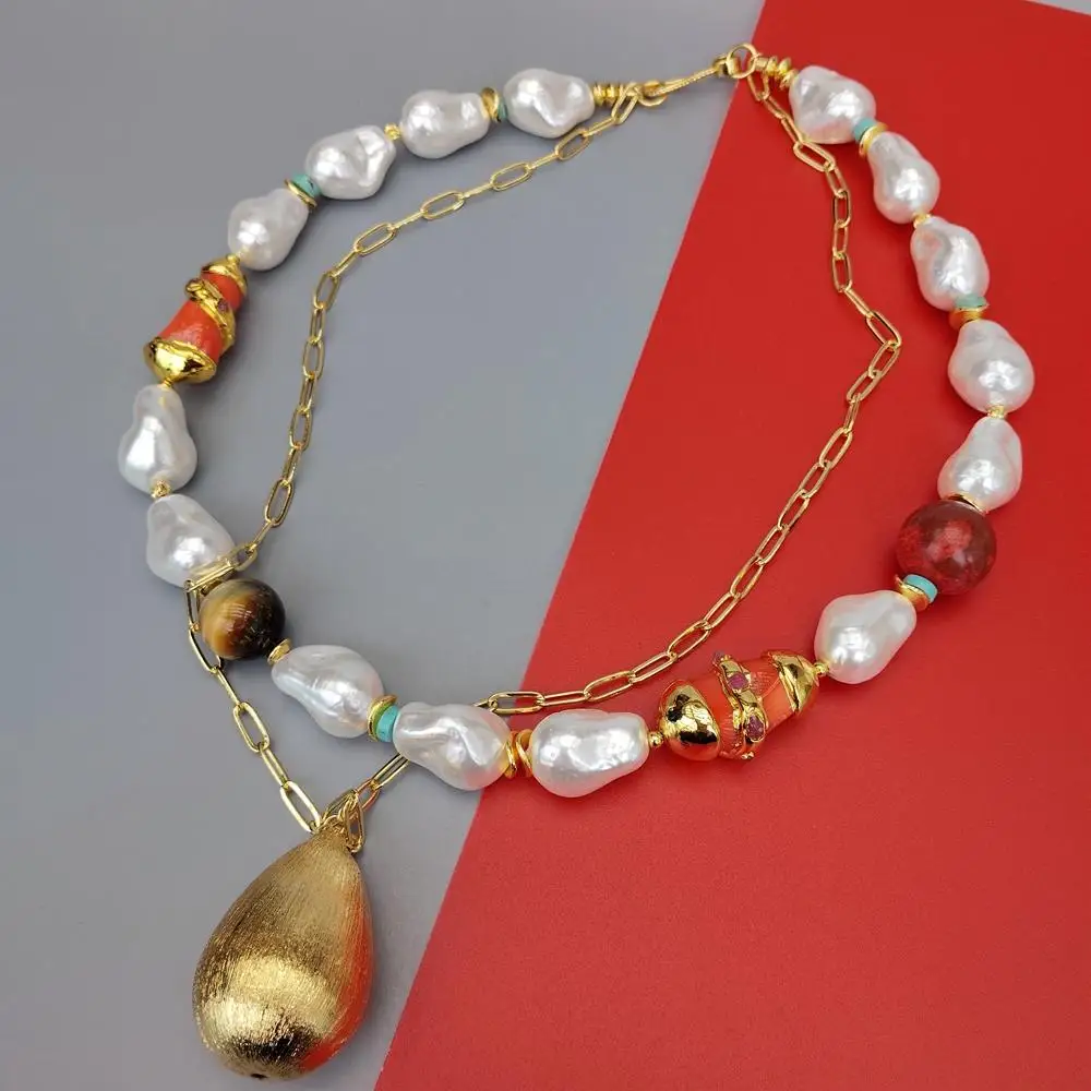 

YYGEM 15x22mm White Sea Shell Pearl 17x32mm Orange Coral Tiger Eye Gold Plated Chain Necklace 28x43mm Brushed Pendant