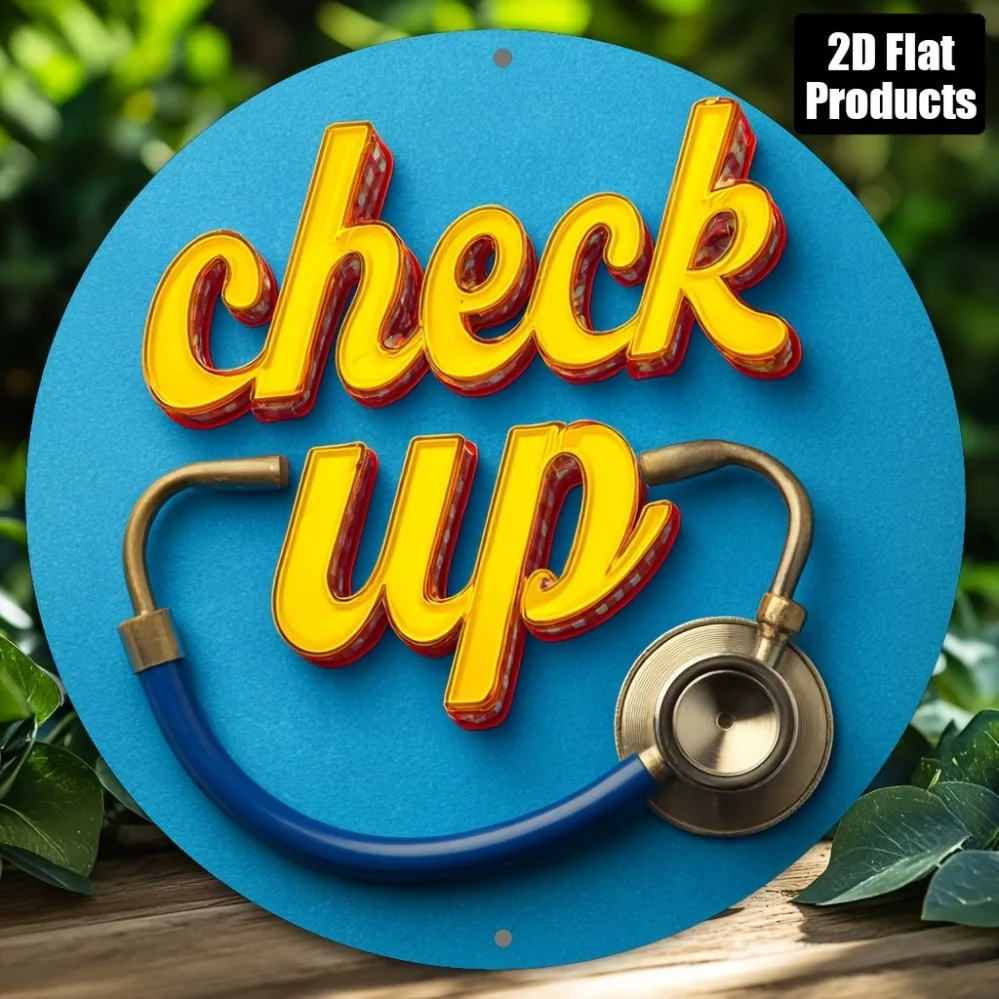 Check Up Text Stethoscope Blue Background Round Metal Tin Sign Wall Decor For Clinic Hospital Art Plaque