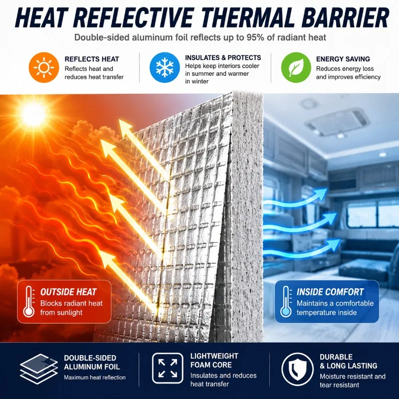 6/9mm Double Sided Aluminum Foil Foam Insulation Roll 50x200cm Heat Reflective Thermal Barrier for Car RV Roof Wall Garage Door