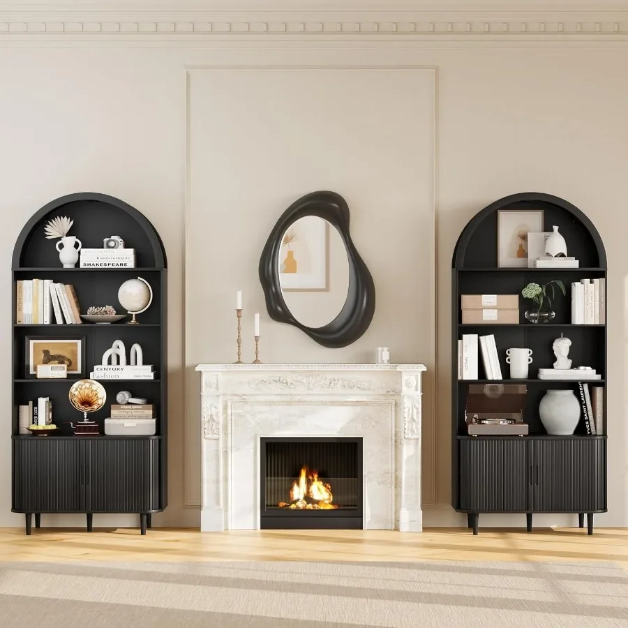 71 Tall Arched Bookshelf for Living Room Office: 5-Tier Modern Farmhouse Wood Bookcase with Adjustable Shelves, Sliding Doors, - view 6