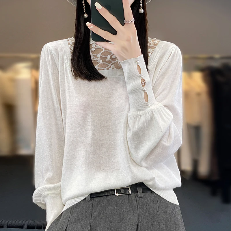 Women\'s Refined Wool Clothing 2023 Spring /Autumn New Product Knitted Pullover Top Fashion Korean Edition Mesh High collar Shirt