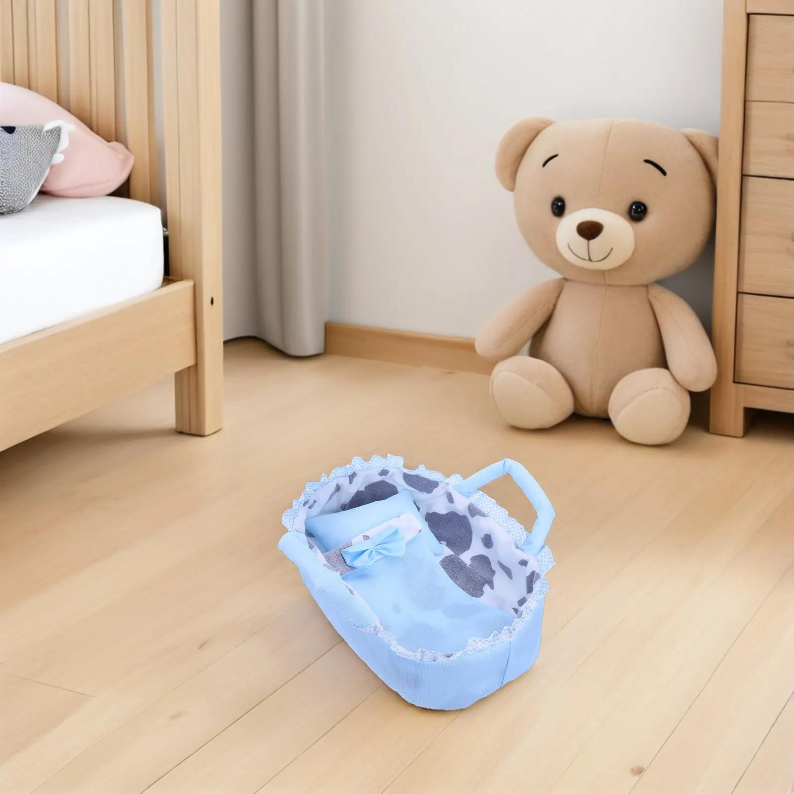 

Reborn Baby Bassinet Cradle 35Cm Carrying Crib Bed Portable Miniature Dollhouse Furniture Pillow Blanket Pretend Play Blue