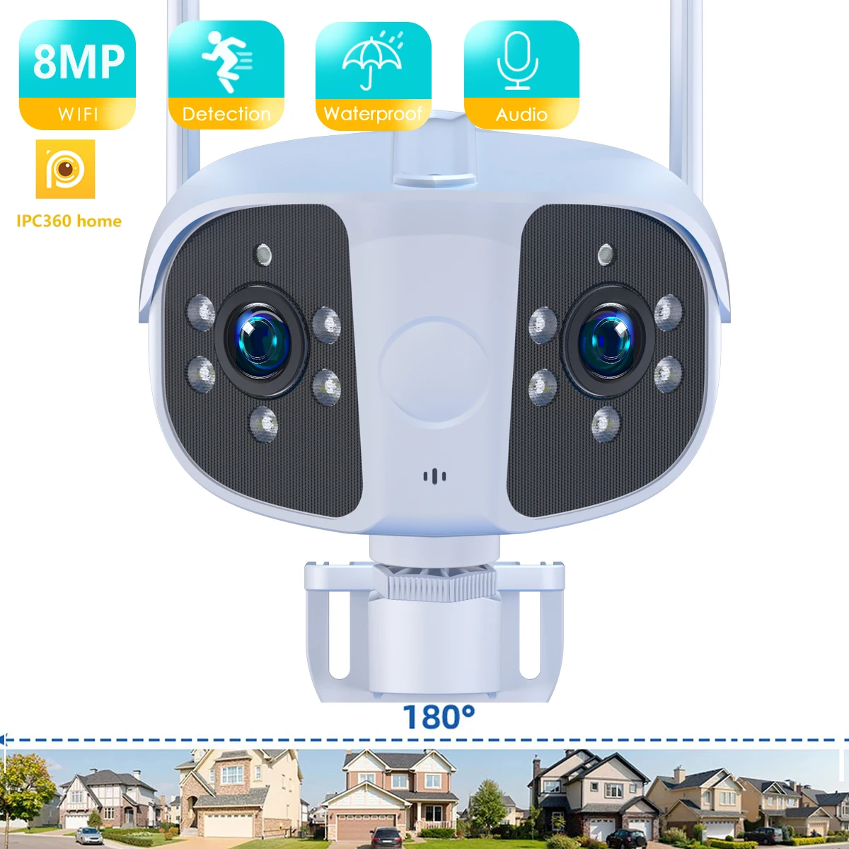 BESDER 8MP HD Wifi IP Camera Outdoor Dual Lens 180° View Angle Security Camera Human Detect Panoramic Surveillance Camera iCSee