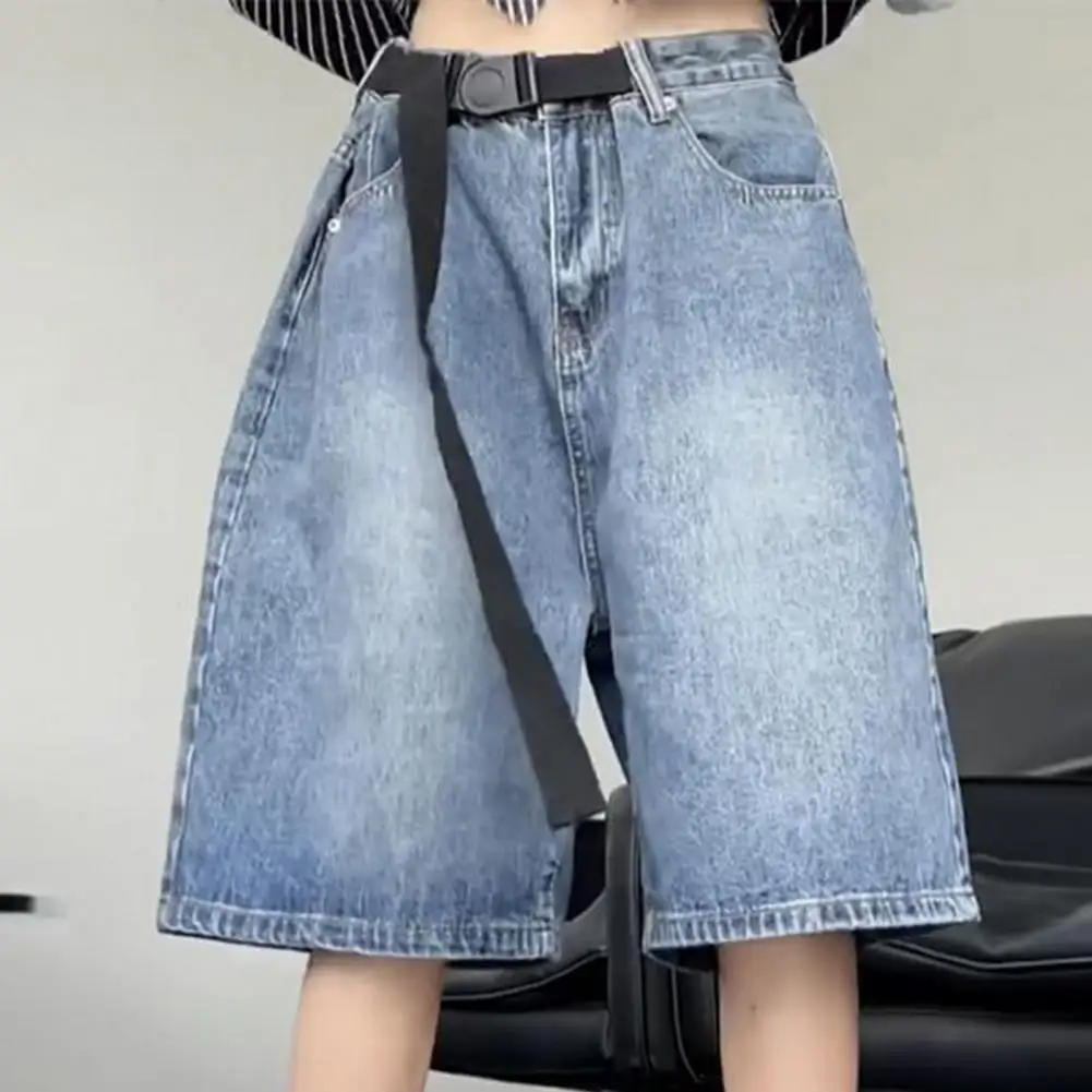 

Denim Bottoms Women Denim Shorts Trendy Women's Denim Shorts with Belt Wide Leg High Waist Gradient Color Streetwear for Hip