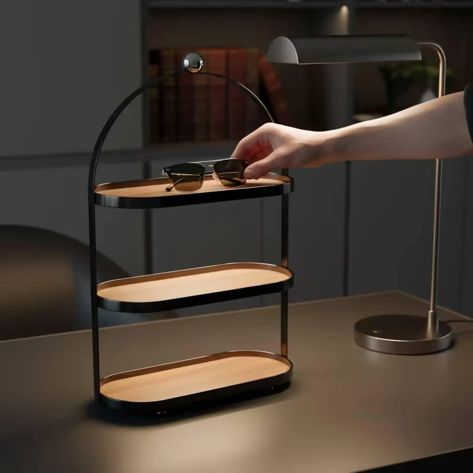 Elegant Black Metal Storage Shelf for Makeup Jars Skincare Bottles Desktop Tray Organizer with Rolling Casters