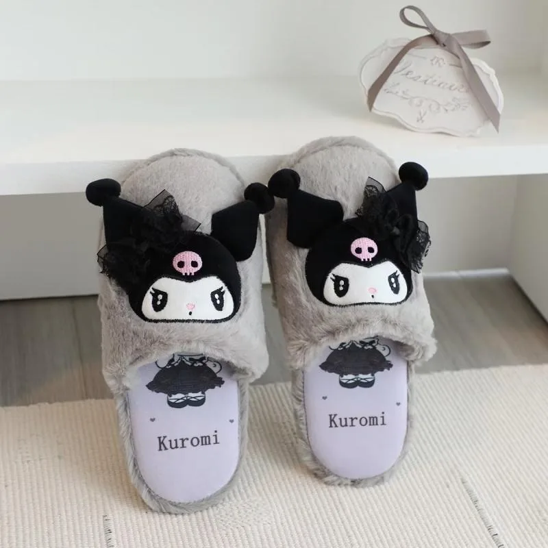 Sanrio Kulomi cute sweet warm home women's shoes Melody cartoon versatile bow non-slip flat plush cotton slippers