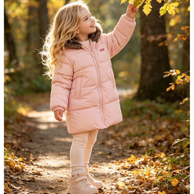Jacket Winter Girls Boys Jacket Long Solid Lamb Fleece Lining Thick Warm Hooded Zipper Outwear For Kids Cotton Snowsuit 2-8 Y