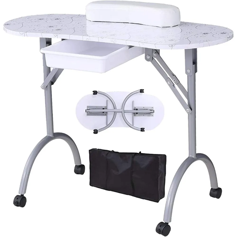 

30“H Manicure Nail Table, Portable & Foldable Nail Desk Workstation with Large Drawer/Client Wrist Pad/Lockable Rolling Wheels