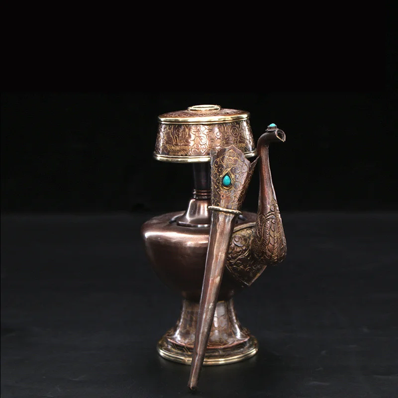 Gilt Tantric Offerings Benba Pot Nepo Red Copper Carved Water Purification Bottle Tibetan Buddhism Wenba Bottle Buddhist Supply
