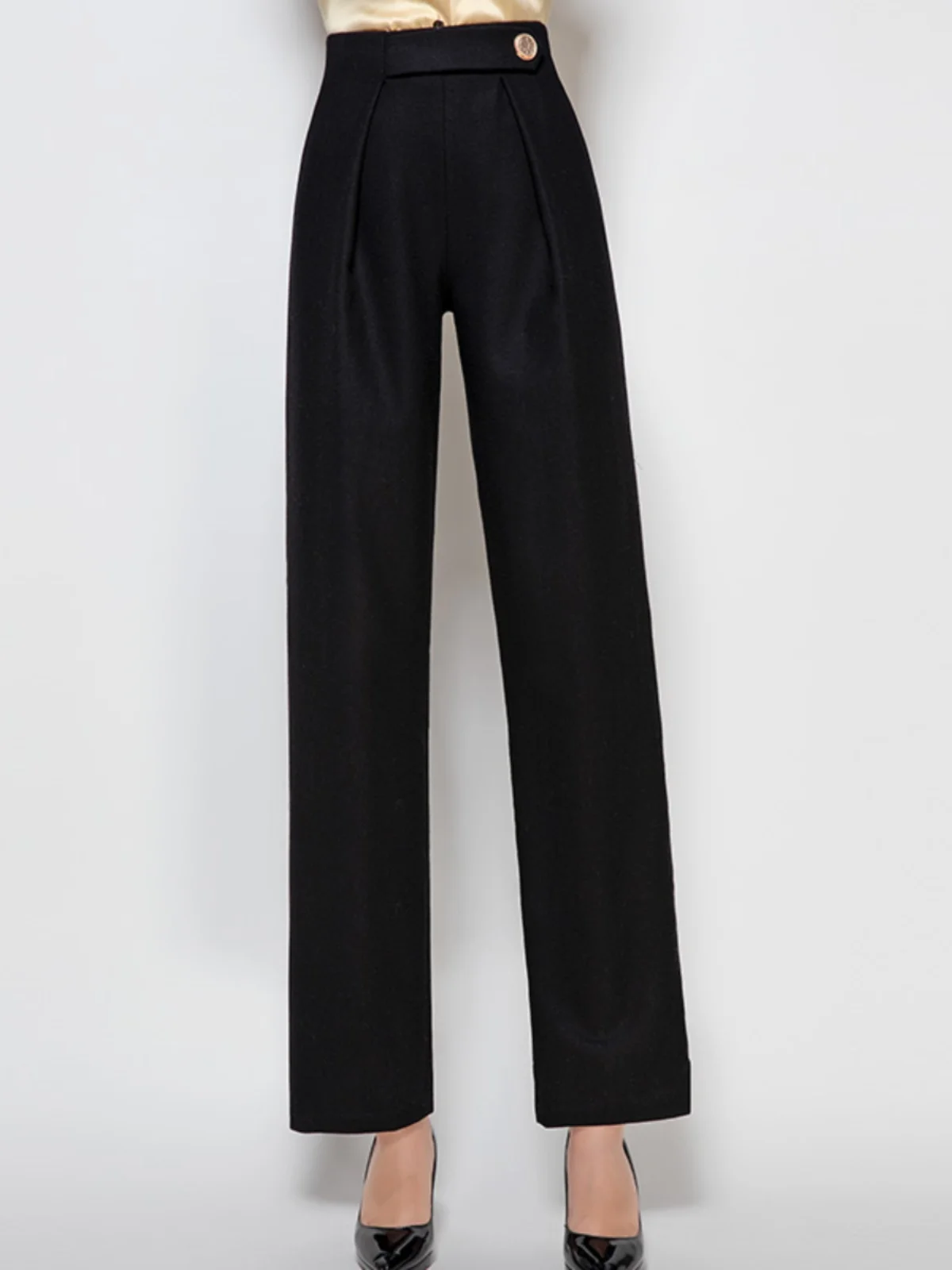 

TaoMei Spring 2026 Women's Suit Pants High Waist Straight Leg Bla Wool Blend Trousers Folded Hem Asymmetrical Button Design