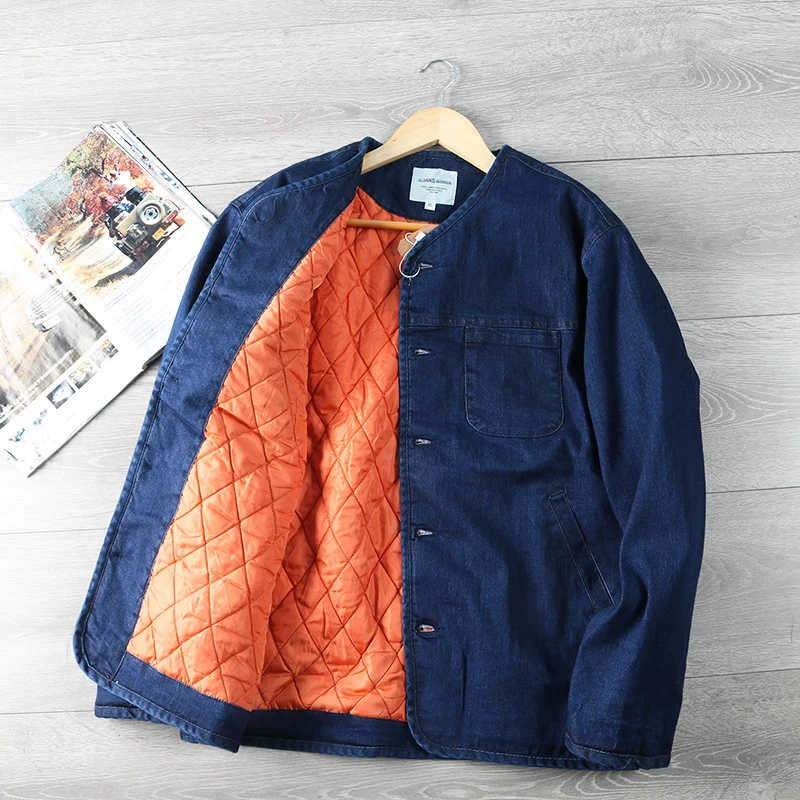 

BF Harajuku Sle Мужская хлопковая куртка с тонкой талией, джинсовое хлопковое пальто без воротника, осенне-зимнее модное городское пальто свободного покроя