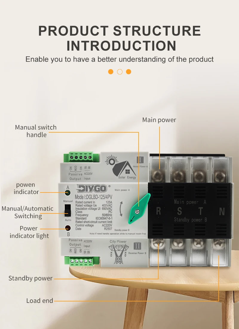 4P DIN-Schienen-Dual-Power-Automatik-Transferschalter (ATS) für PV und Wechselrichter 125A 110V/220V Unterbrechungsfreie Stromversorgung – Detail 3