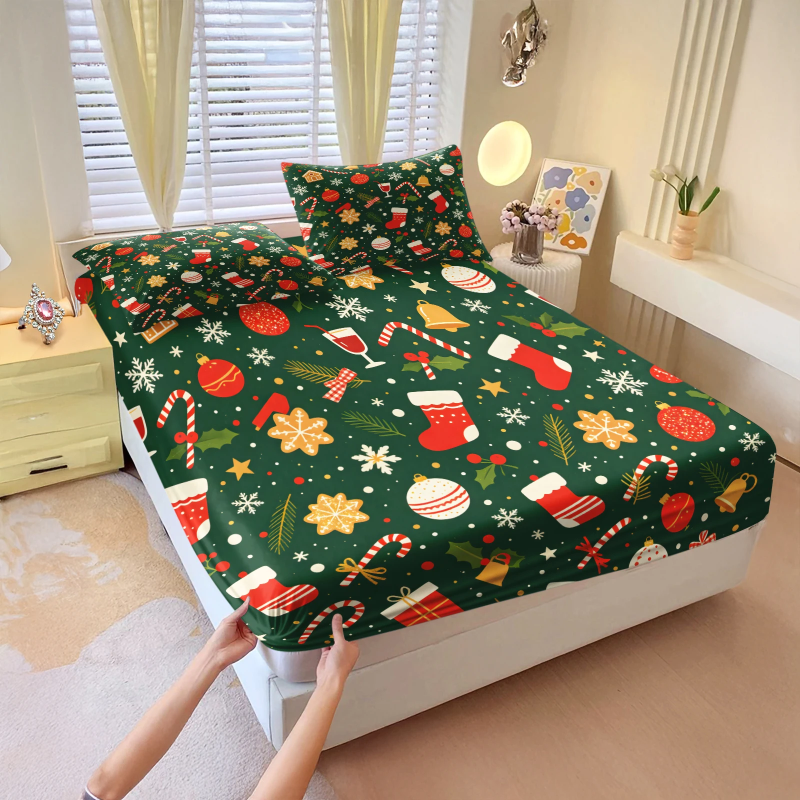 Christmas Fitted Sheet Set Dark Green Xmas Stocking Snowflake Print Mattress Cover with Pillowcases All-around Elastic Bedding