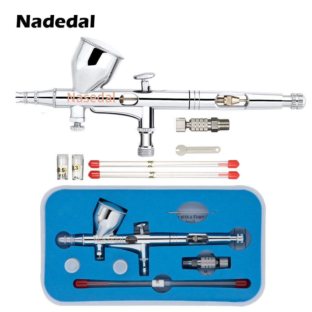 Nasedal NT-180T Dual-Action Airbrush 0.2/0.3/0.5mm Nozzle Needle 9cc Gravity Feed Spray Gun Set for Model Cake Nail Art Car