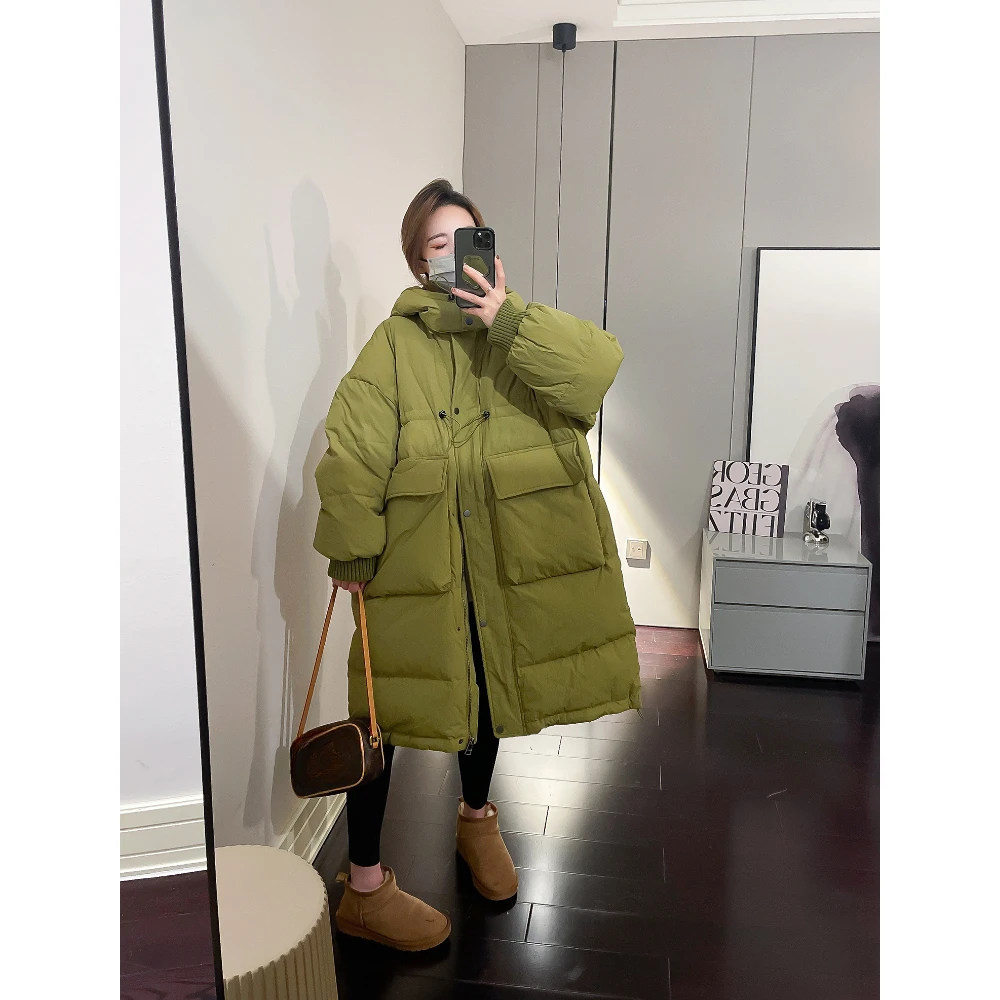 White Duck Down Hooded Jacket for Women, Medium Length, Loose, Thick, Korean Version, Winter Coat