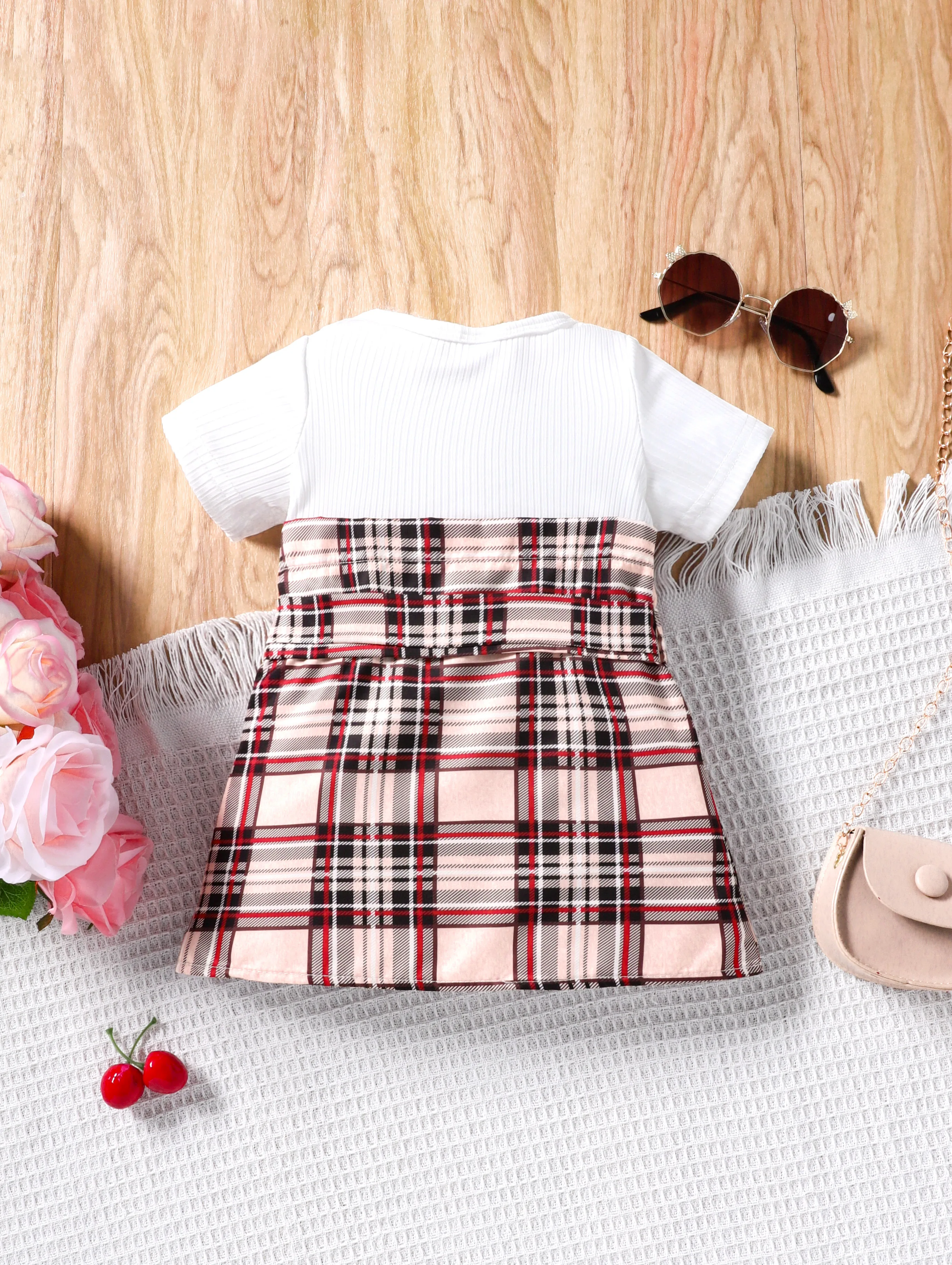 Sweet Plaid Baby Girl's Dress with Butterfly Knot Short Sleeve Breathable Two-Piece Princess Skirt for Summer