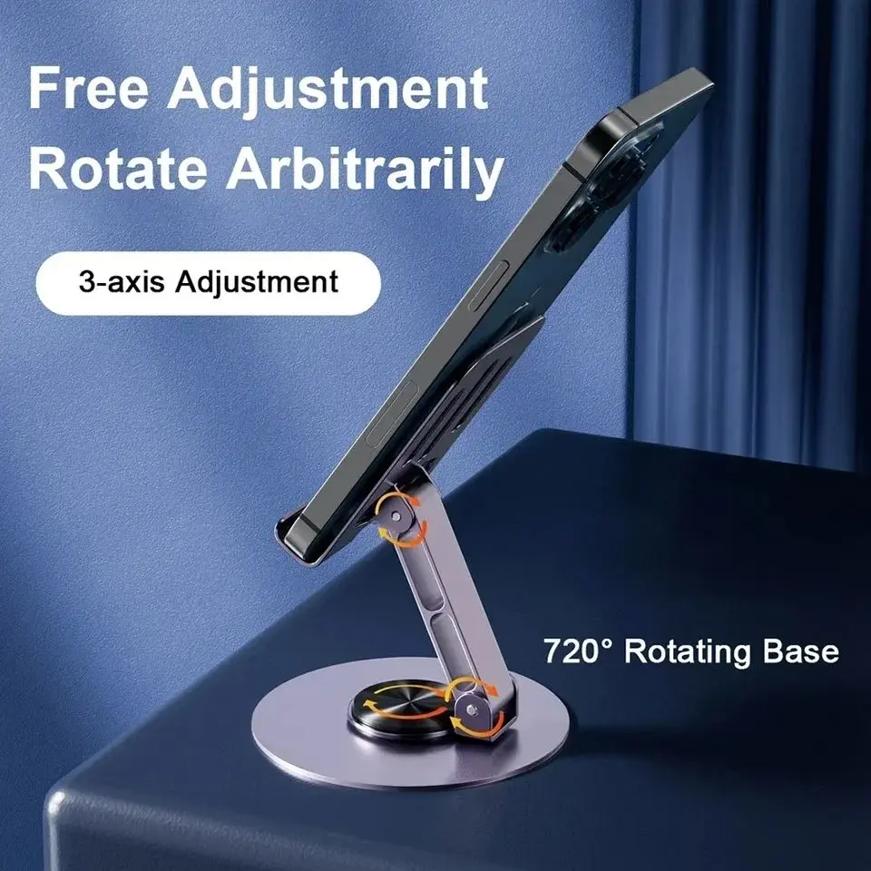 올 메탈 알루미늄 360 회전 휴대폰 거치대 범용 브래킷, 접이식 더블 샤프트 디자인, 안정적인 낙하 방지