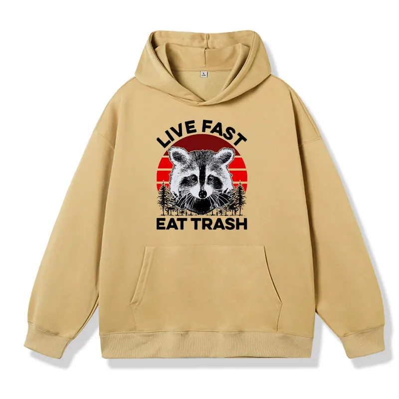 Hoodie de manga comprida para homens e mulheres, viver rápido comer lixo engraçado, Raccoon Camping Art, moletons de lã extragrandes, Meme Gift